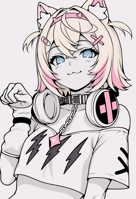 masterpiece, best quality, 1girl, solo, MoccDef, blue eyes, short hair, blonde hair, pink streaks, streaked hair, dog ears, hairband, hairclip, black collar, chain, headphones around neck, cropped shirt, white shirt, print shirt, short sleeves, off-shoulder, arm warmers, portrait, greyscale, monochrome, lineart, sketch, graphite \(medium\), traditional media, looking at viewer, three quarter view, smile, simple background, paw pose, :3, smile, dutch angle, <lora:ChamMococoAbyssgardIllustriousXL:1>