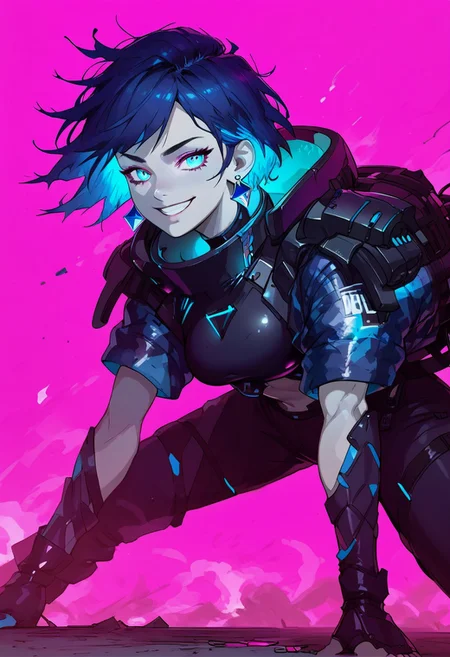 score_9, score_8_up, score_7_up, (((daytime, pink lighting)), (scifi, parking lot), young woman, pale skin, blues eyes, glowing eyes, detailed face, (happy expression), Expressiveh, (blue star earrings), large breasts, (multi colored hair, streaked hair, dark blue hair, dark purple hair), (blue colored inner hair), short hair, messy hair, (purple and blue camouflage armored jacket, black boots), (standing, bent forward, beckoning) (city), (depth of field, front view)