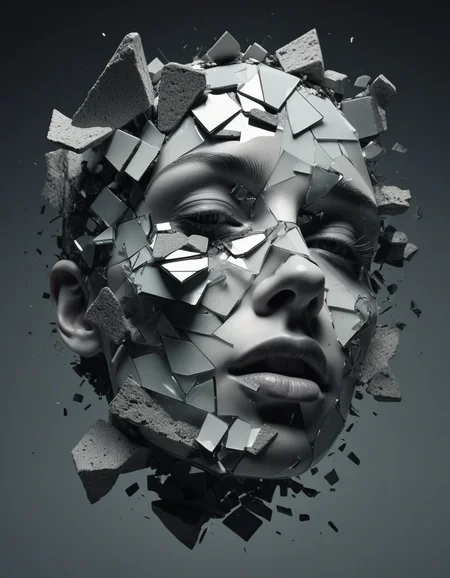 A 3D render of an abstract and surrealist portrait of a face in a state of disintegration or transformation. The face is composed of small, fragmented pieces, resembling shards of glass or broken stone, each piece holding a unique texture and shade. The pieces are dispersed throughout the image, with some clinging to the face and others floating in the surrounding space. The monochromatic color palette, predominantly in shades of gray, gives the image a somber and mysterious aura, reflecting the complex emotions and inner turmoil of the subject.