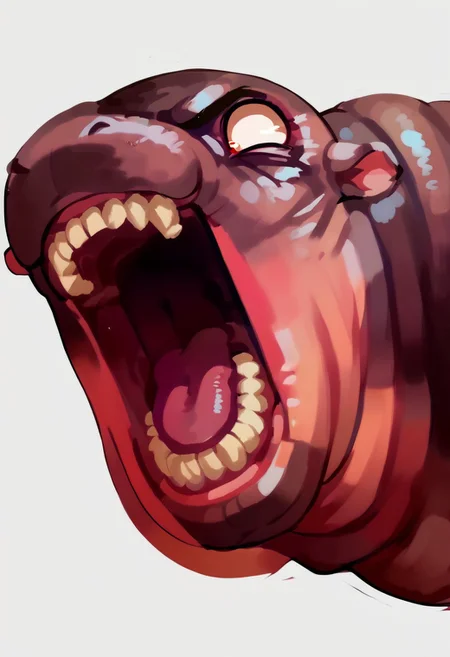 score_9, score_8_up, score_7_up, score_6_up, score_5_up, <lora:Moo_DengXLP:0.9>, moo deng, hippo, animal focus, white background, berserkscream. griffithscream. open mouth. teeth. scream. screaming. blank eyes