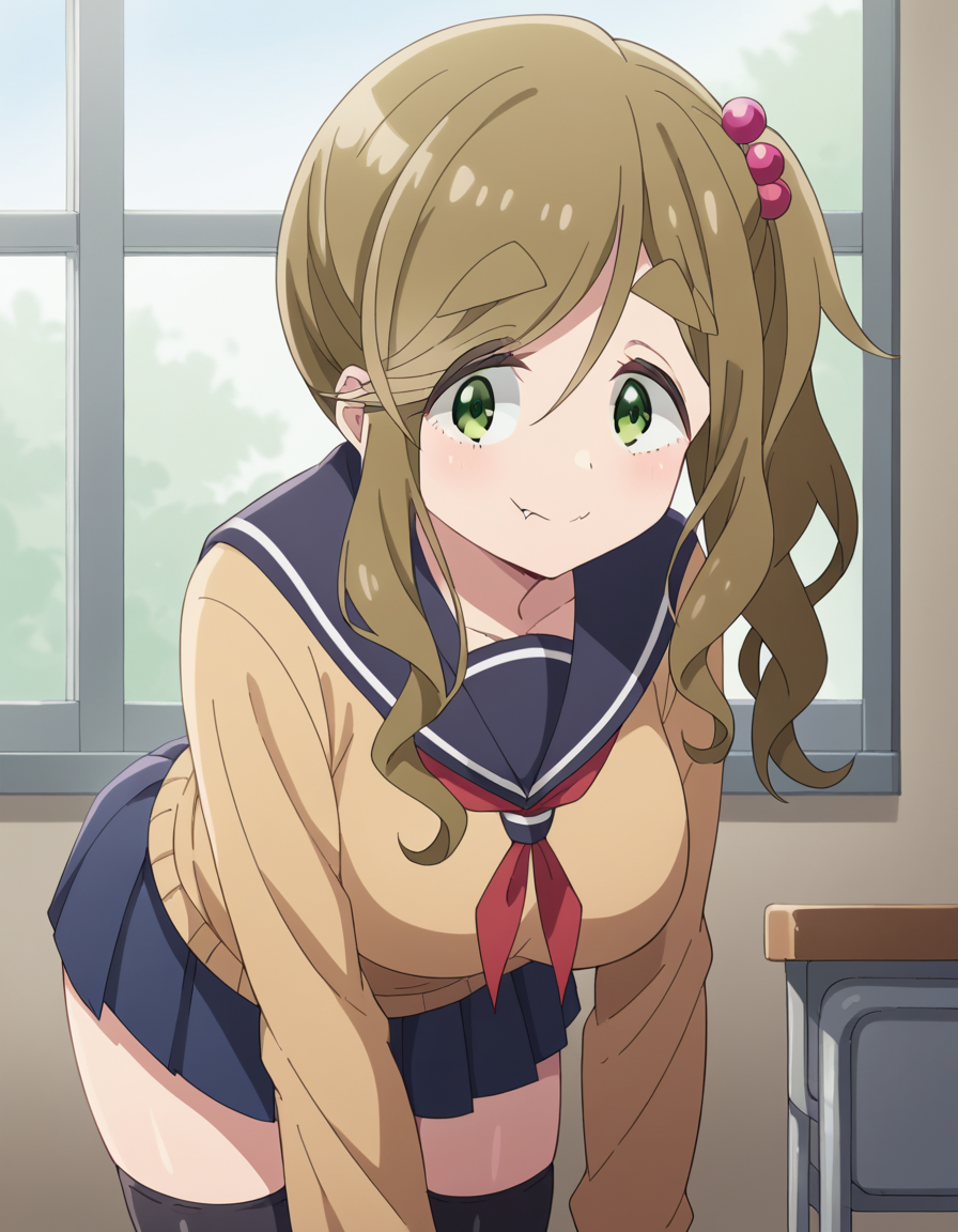 score_9, score_8_up, score_7_up, source_anime, <lora:aoi-inuyama-s3-ponyxl-lora-nochekaiser:1>, aoi inuyama, long hair, brown hair, hair ornament, green eyes, fang, side ponytail, hair bobbles, skin fang, thick eyebrows, large breasts,, skirt, thighhighs, long sleeves, school uniform, pleated skirt, serafuku, black thighhighs, sailor collar, sweater, motosu school uniform,, indoors, bent over, smile,, looking at viewer, solo, cowboy shot, dutch angle