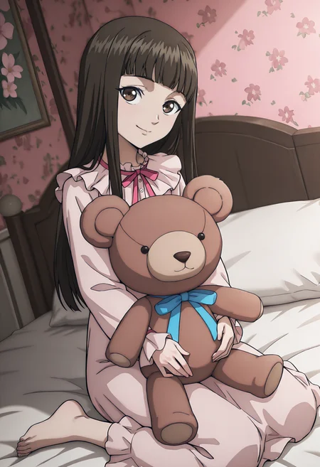 best quality, amazing quality, perfect quality, high quality, masterpiece, absolutely eye-catching BREAK
<lora:Migi_to_Dali_-_Karen_Ichijo:1> MigiKaren, brown eyes, brown hair, long hair, blunt bangs, hair down BREAK
pink nightgown, barefoot BREAK
indoors, bedroom, teddy bears, poster bed, pink wallpaper, flower wallpaper BREAK
1girl, solo, sitting on bed, wariza, head tilt, smile, looking at viewer, dutch angle, cowboy shot