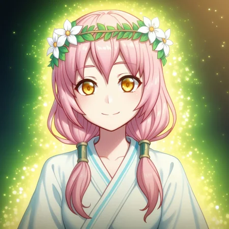 mana_sk style, portrait, focus on face, a hopeful healer girl with soft pink hair tied into a low ponytail and warm golden eyes, wearing a delicate wreath of white flowers and a pastel robe embroidered with luminous patterns, her gentle smile emanating kindness, faint light particles glowing around her face, Japanese RPG style, serene and uplifting atmosphere, intricate details on her wreath and robe