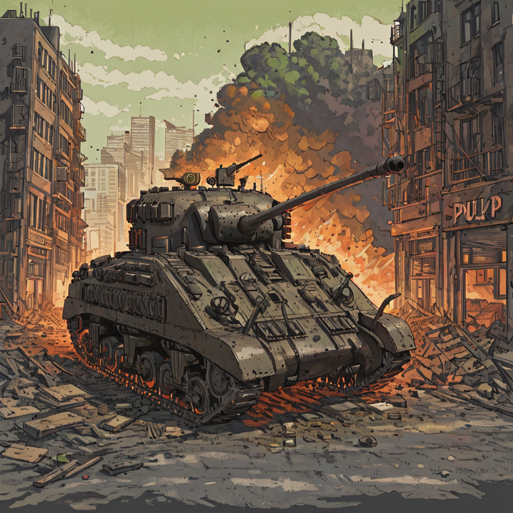tank driving down a city street through wreckage and debris, explosions, smoke, fog of war, rubble, frflytnk, vehicle focus  ((pulp_comic, heavy_lines, hand_drawn, hand_inked, hand_colored, apxlz))