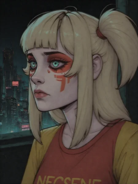 mythic_cyberpunk_style,YaroslavKorneplod, 1girl, solo, blue nectie, one side up, breen hair, red t-shirt, yellow shirt, facepaint,city,in the night,portrait,<lora:Conway:0.8>,<lora:Mythic Cyberpunk style:1.0>