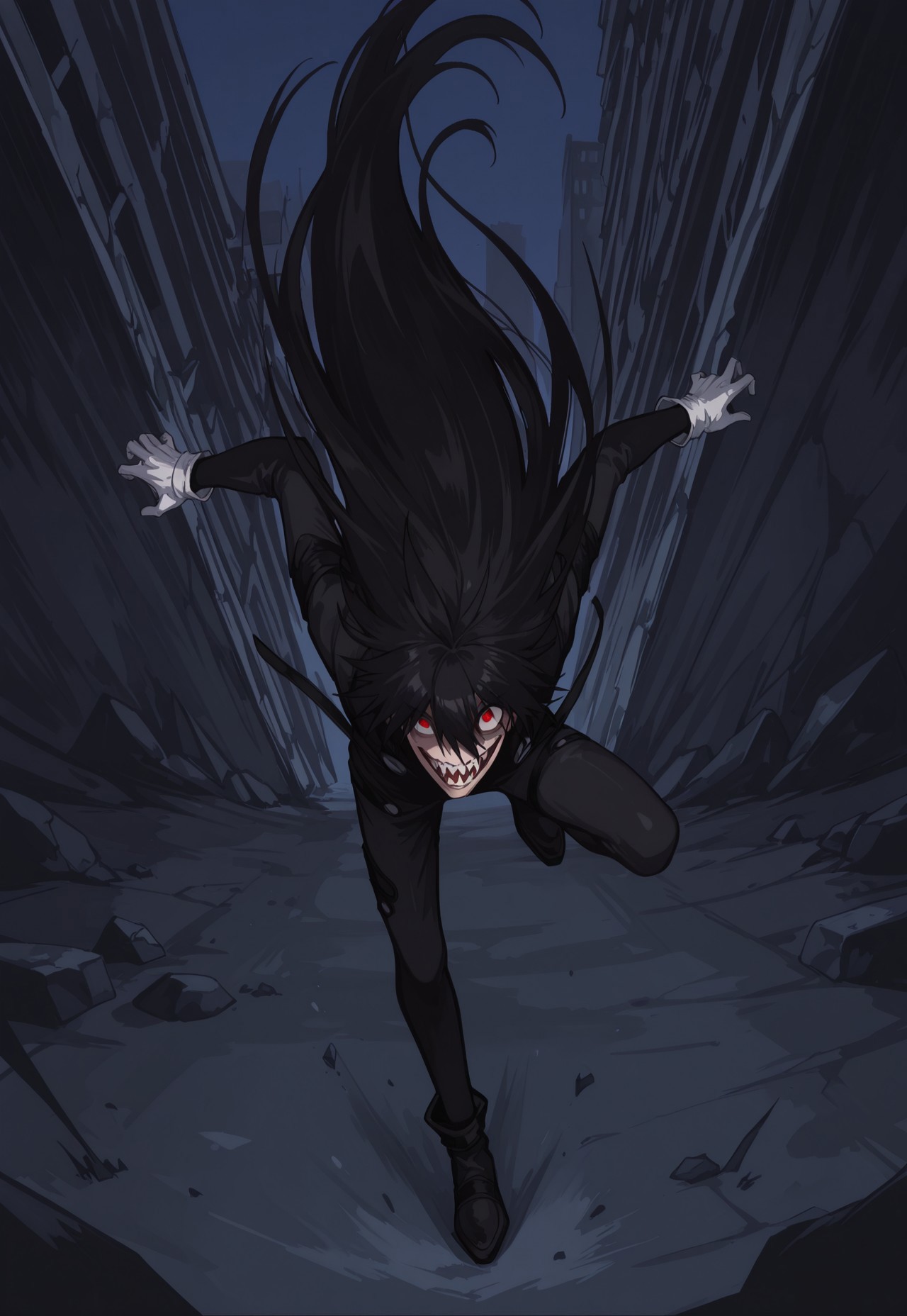 safe_pos, score_9, score_8_up, score_7_up, masterpiece, best quality, amazing quality, Normalucard, solo, 1boy, male focus, black hair, very long hair, white gloves, black bodysuit, black shoes, evil laugh, sharp teeth, crazy eyes, red eyes, looking at viewer, portrait, dynamic pose, perspective, night, dark,