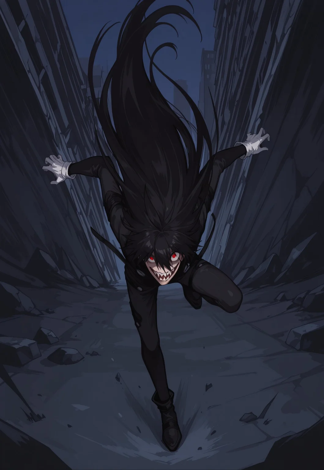 safe_pos, score_9, score_8_up, score_7_up, masterpiece, best quality, amazing quality, Normalucard, solo, 1boy, male focus, black hair, very long hair, white gloves, black bodysuit, black shoes, evil laugh, sharp teeth, crazy eyes, red eyes, looking at viewer, portrait, dynamic pose, perspective, night, dark,