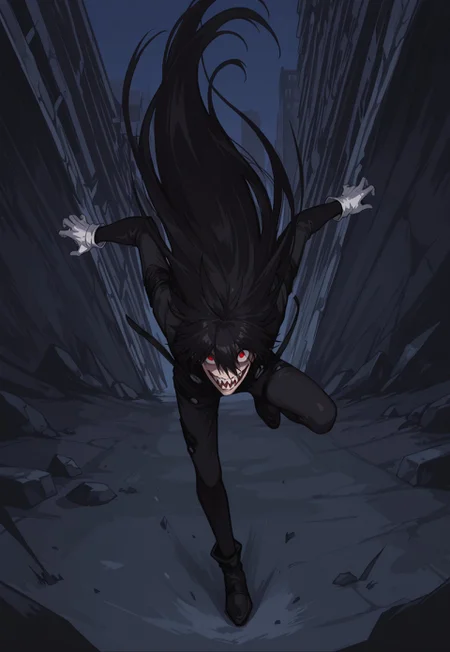 safe_pos, score_9, score_8_up, score_7_up, masterpiece, best quality, amazing quality, Normalucard, solo, 1boy, male focus, black hair, very long hair, white gloves, black bodysuit, black shoes, evil laugh, sharp teeth, crazy eyes, red eyes, looking at viewer, portrait, dynamic pose, perspective, night, dark,
