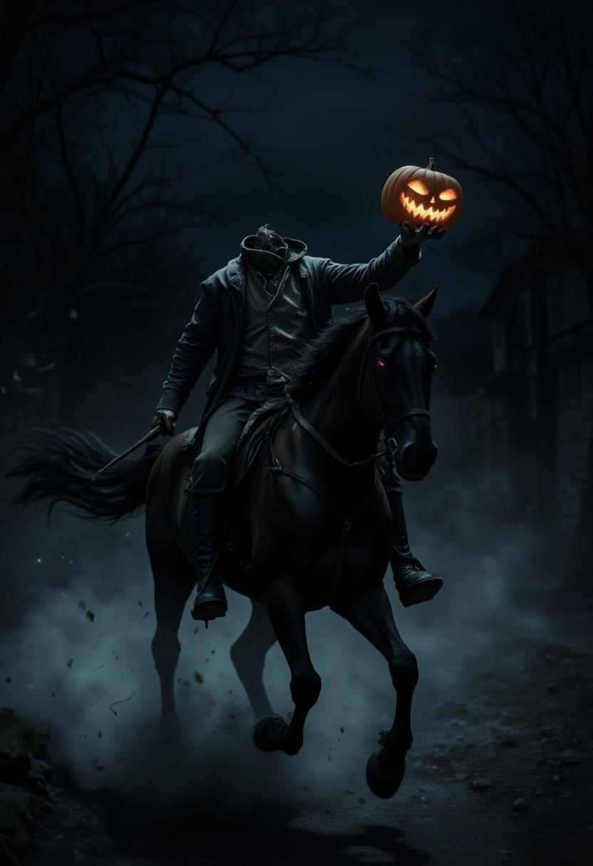 The pitch-black night envelopes the sleepy town, the moonless sky casting an eerie, impenetrable darkness. Ichabod Crane, AKA the headless_horseman, emerges from the shadows, his presence creating an unsettling, suspenseful mood - the stump of a neck with no head on top of the neck stump. A ghostly mist clings to his steed's hooves, swirling around the horse legs as it gallops forward. The ethereal fog adds to the haunting atmosphere, obscuring the surroundings and creating an aura of mystery. The flickering jack-o'-lantern in Ichabod's hand casting dancing shadows. The spectral rider moves through the night, his intentions unclear, leaving a trail of dread in his wake.