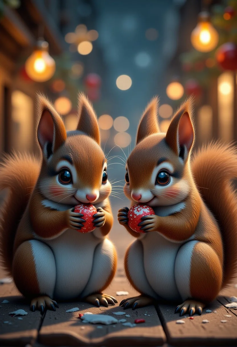 Christmas night, decorations, squirrels holding sweets, Christmas atmosphere, ultra realistic, high quality, masterpiece, extremely detailed, hd, high_detailed, captured in high detail, bo-christmas