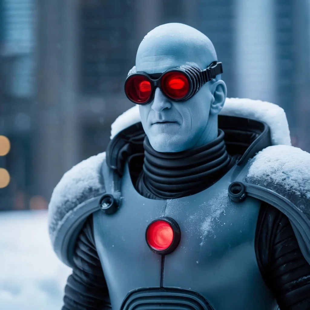 cinematic film still of <lora:Mr. Freeze:1.2>
Mr. Freeze a frozen man with a red goggles and a cold suit In Gotham City, shallow depth of field, vignette, highly detailed, high budget, bokeh, cinemascope, moody, epic, gorgeous, film grain, grainy