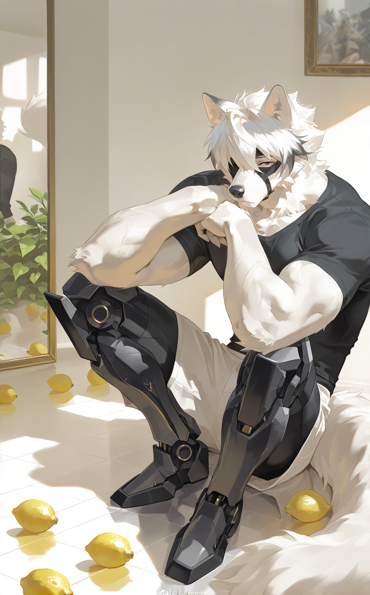 score_9, score_8_up, score_7_up, masterpiece, best quality, calm tones, , (short muzzle,detailed face,aesthetic, FOCUS ON environment, FOCUS ON FLOOR, FOCUS ON Surroundings, FOCUS ON LEMONS ,glossy floor, white_background, white walls, white room, empty, empty room, glossy white floor,reflections, perspective,Cross-legged OR kneeling OR leaning back on hands OR hugging knees OR side-saddle sitting OR reclining OR leaning against the wall OR sprawled OR Lying on back OR lounging OR propped on side OR side-sitting OR sitting,Low angle view OR Bird's eye view OR Top-down view OR Eye level view OR Over-the-shoulder view OR Dutch angle OR Wide angle view OR Long shot OR Overhead view OR Underneath view OR Side view OR Rear view OR Three-quarter vie , lemon on floor, many lemons), <lora:Raccoon21_Style_PonySDXL:0.6> raccoon21 <lora:Waspsalad_Style_v2_PonyXL:0.25> <lora:syurov8:0.6> <lora:rapbitansf01:0.7> <lora:Kenva:0.5> <lora:Expressive_H:1> <lora:nyalia:0.65> nyalia<lora:Von_Lycaon:0.9><lora:AGG:0.5> <lora:deep:0.5>   <lora:add-detail-xl:1> <lora:Anime Summer Days Style SDXL_LoRA_Pony Diffusion V6 XL:0.8> <lora:b3llh3ng3XLP:1> b3llh3ng3 <lora:Concept Art Style SDXL_LoRA_Pony Diffusion V6 XL:0.8> <lora:Concept Art DarkSide Style LoRA_Pony XL v6:0.8> <lora:chunie-Pony-XL-v6:0.8> <lora:cheesecrumbles_style:1>  BREAK von_lycaon