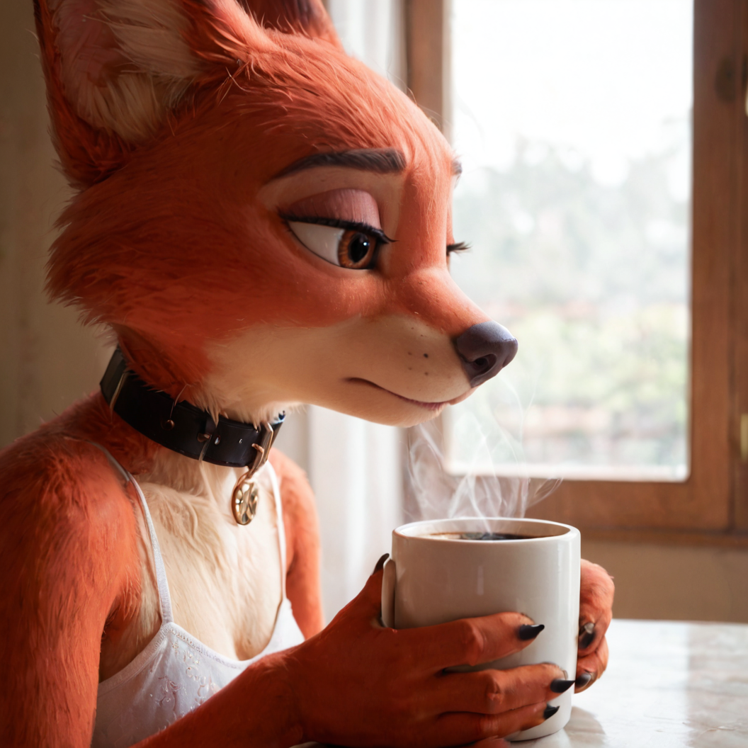 score_9, score_8_up, score_7_up, furry, furry girl, 1 girl, 21year old, anthro, Papr1ka, furry female, fox girl, fox ears, animal ear fluff, brown eyes, mole, snout, animal nose, black collar, body fur, two tone fur, fox tail,<lora:Paprika_v03_NAIXL:0.8>,  sexy girl, 1girl, solo, Zootopia, furry, anthro, detailed fur, wholesome, kitchen, hot coffee, tired, sleepy, floral pyjamas, dynamic angle, close-up, highres, best quality, kftenhance, close-up, <lora:Expressive_H:0.4>  <lora:princess_xl_v2:0.3> <lora:Zootopia:0.4>