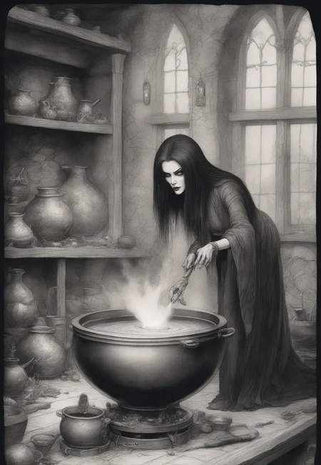 (masterpiece, best quality, ultra-detailed), Elvira, Mistress Of The Dark prepares a potion in a cauldron, by Jean-Baptiste Monge