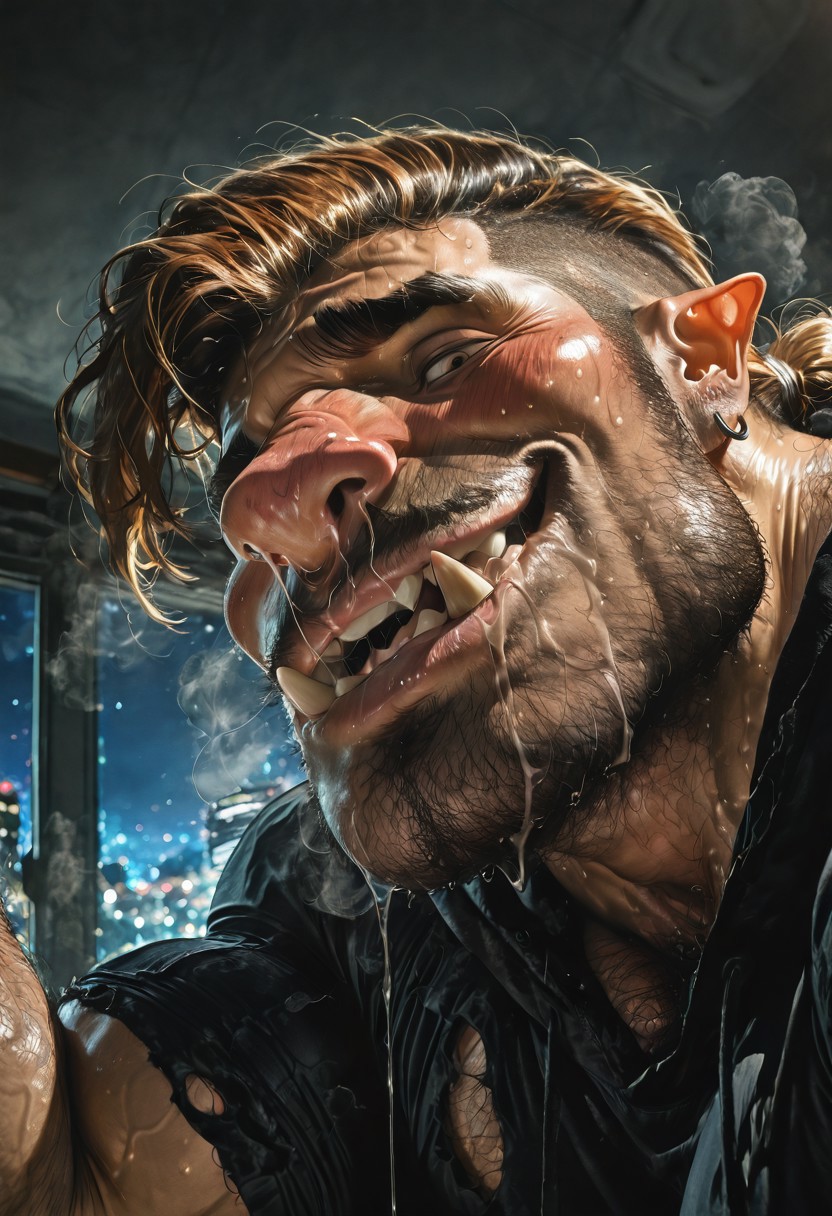 masterpiece, high-detailed hair, high-detailed body, best quality, hi res, high-detailed background, ultra-detailed, 4K, hi res, realistic, amazing quality, very aesthetic, illustration, perfect composition, intricate details, absurdres, zoomed in, focus blur, nighttime, night, inside
(open_mouth, loud moaning, weak smile, open smile),, detailed hair, (bodyhair:1.7),,
(bara, manga),
male, handsome,
Orc tusks, transformation, mid-transformation, face growth, shifting, muscle growth, ear piercing, saliva strings, drooling, throbbing, pent up, lustful expression, himbo lips, thick lips, thick eyebrows, bushy eyebrows, 
black claws, blushing, hyper muscle, hyper pectorals, large pectorals, puffy nipples, erect nipples, pectoral bulge, tremble lines, clawed fingers, black claws, claw growth, 
low angle, looking down at viewer, black hoodie, torn hoodie, torn jeans, loose hoodie, hyper abs, shirt rise up, oversized hoodie, work wear, powerful, confident,
wet nose, textured nose, glossy nose, teeth, tongue, saliva, drool, saliva strings, blushing, pleasured, dizzy (swirls), open_mouth, wet, sweat, (((side shot, close-up shot, face shot, nose focus, focus on the nose))),
sweat, sweaty, musk, musky, musk clouds, sweat stains, sweat stained, sh03g4z3,
transformation, w0lfc0nf, _ANIMAL_ face, _ANIMAL_ _PART_, transformation, bytransform