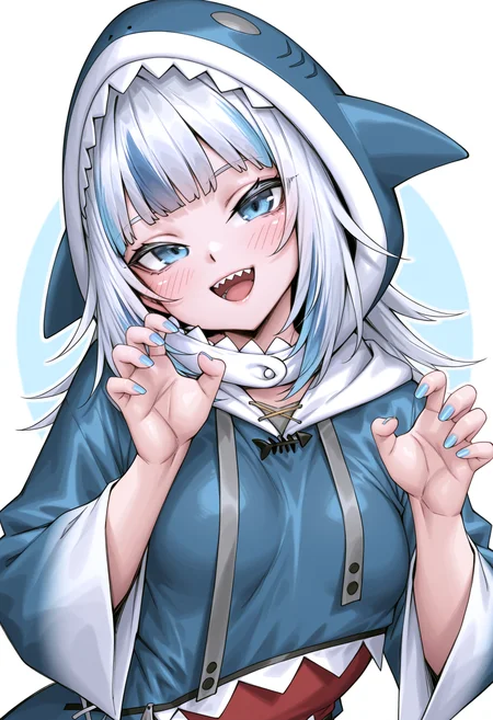 very aesthetic, masterpiece, best quality, newest, absurdres, highres, 
naidong, 1girl, solo, (gawr gura, white hair, blue eyes, shark girl, small breasts, petite),
gawr gura \(1st costume\), blue hoodie, shark hood, 
claw pose, head tilt, smile, open mouth, blush, looking at viewer, upper body, blue nails, 
(blue background, white background, multicolored background), Rating:General,
 <lora:Naidong:1>