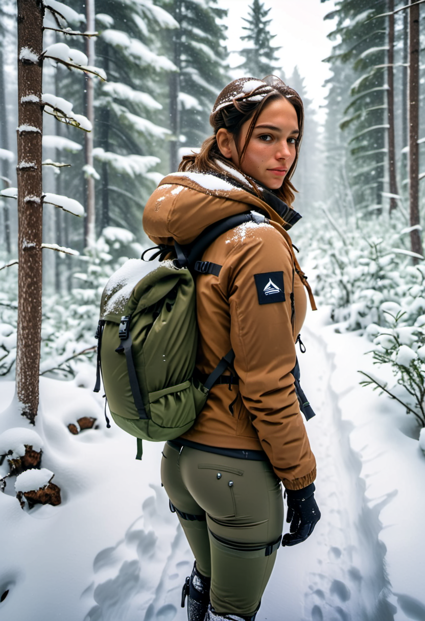 <lora:Evie_Frye_xl-000009:1> a woman in a brown jacket standing in the snow with a backpack on her back and a backpack on her shoulder, and a snowy forest in the background