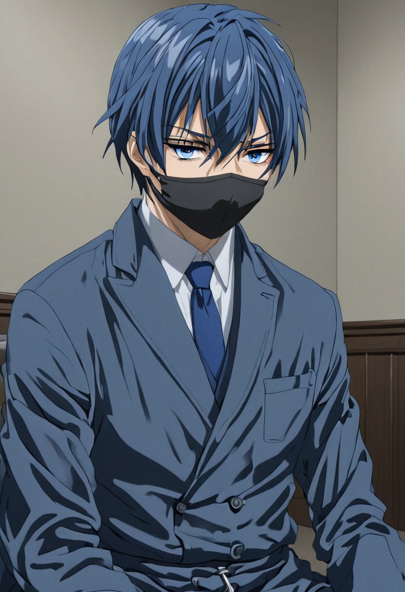 high resolution, solo, best quality, 1Boy, Tomoya Okazaki, Grey Blue Hair, blue eyes, Blindfolded and gagged, sitting, submissive, restrained,