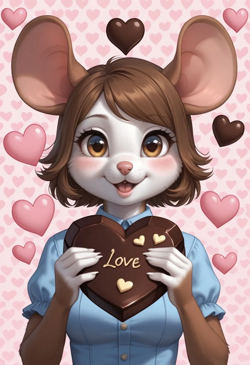 anthropomorphic female mouse, giving chocolate to viewer, heart, love, cute, detailed background