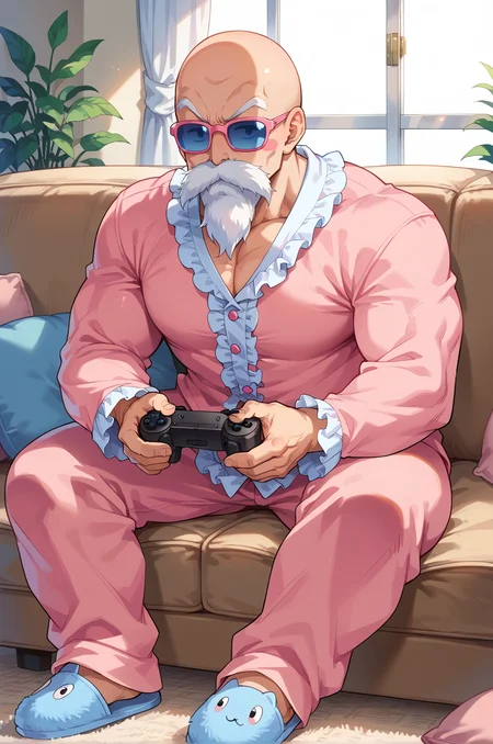 score_9, score_8_up, score_7_up,muten roushi,1boy,solo,muscular male,white hair, sunglasses,pink-framed eyewear,blue-tinted eyewear,mustache, beard, sitting, indoors, couch, holding gamepad, full body, looking ahead,on couch,pastel blue slippers,pink pajamas,pink top, long sleeves,, (from the side:0.6),blush stickers,pink frilled pajamas,bald, pectorals,(pink frills),muscular arms, <lora:RoshiPony:1>