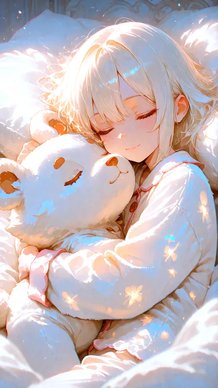 1girl, petite, light smile, sleeping, fluffy pajamas, hugging stuffed toy, (polarized, chromatic aberration:1.4), artistic filter, blurry, blurry foreground, gradient, white theme, fantasy, masterpiece, best quality, amazing quality, very aesthetic, absurdres, newest, HDR, 8K, high detailed,