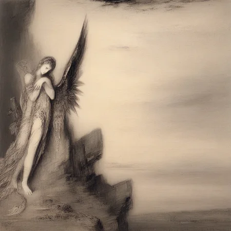 fallen angel, lost paradise, grief, somber, monochrome, by gustave moreau, painting, symbolism, classic art