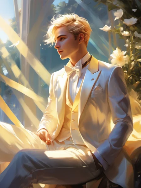 1 male, blonde hair, short hair, solo, magic, white tuxedo, sunshine on hair