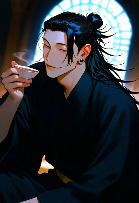 1boy, black hair, beautiful, {{detailed eyes}}, {long hair|man bun} \(hairstyle\), black top, {{detailed face}}, semi-realistic painting, {{aesthetic}}, {{{best quality}}}, stunning, soft features, looking at viewer, wide angle, dark, {smug} \(expression\), sitting, in the temple, drinking traditonal japanese tea, getou suguru, male focus, ear piercing, black kimono <lora:DetailedEyes_V3:1>