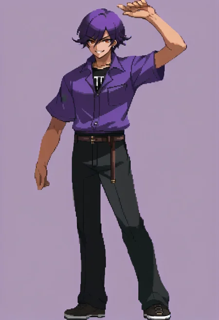 score_9, score_8_up, score_7_up, source_anime, BREAK, solo, 1boy, <lora:Dengeki_Bunko-pdxl_Fp:1>, simple background, full body, smile, standing, <lora:-pdxl_Fp:1>, naoya25a, shirt tucked in, purple shirt, black pants, black shirt, belt, single earring
