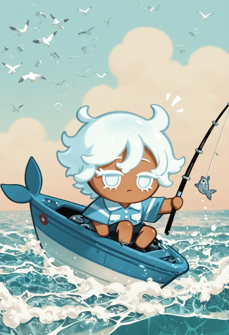 masterpiece,best quality,amazing quality,
colored eyelashes,white eyelashes,
worn, fishing-themed clothing, fishing rod and net, relaxed pose, solo, full body, sunny, seaside background, (fishing theme:1.1), (boy theme:1.1), holding a fishing rod with a small, shiny lure, surrounded by an aura of calm and patience, with a few seagulls flying overhead and a small, bobbing boat nearby, and a soft, salty scent emanating from the sea air as he waits for a bite.
crk1styl111,<lora:lycoris:1>,(chibi:1.4),