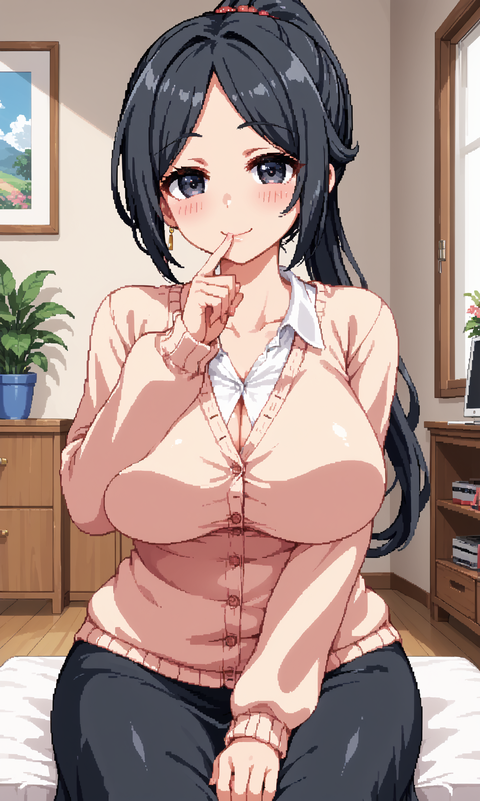score_9, score_8_up, score_7_up, BREAK source_anime, masterpiece, anime screencap, shiny skin, official style, illustration,
8k, highres, incredibly_absurdres,
insanely detailed, anatomically correct, best perspective,
<lora:Aduare Style Pony:0.35>,
pixel art,
1girl, mature woman, (Beautiful Breasts, natural breasts:1.2),
blush, seductive smile ,
selfiemirror,
from behind ,
sharp focus, colorful,
cute, shy ,
looking at viewer ,
shushing, finger to mouth,
sitting,
large breasts, huge breasts,ponytail,black hair, long hair, 
cardigan, white shirt,black skirt,
living room,
<lora:Summer_Memoriesãã¾ããã¼_Doujin_OtomeHentai_Game_Art_Style:0.85>