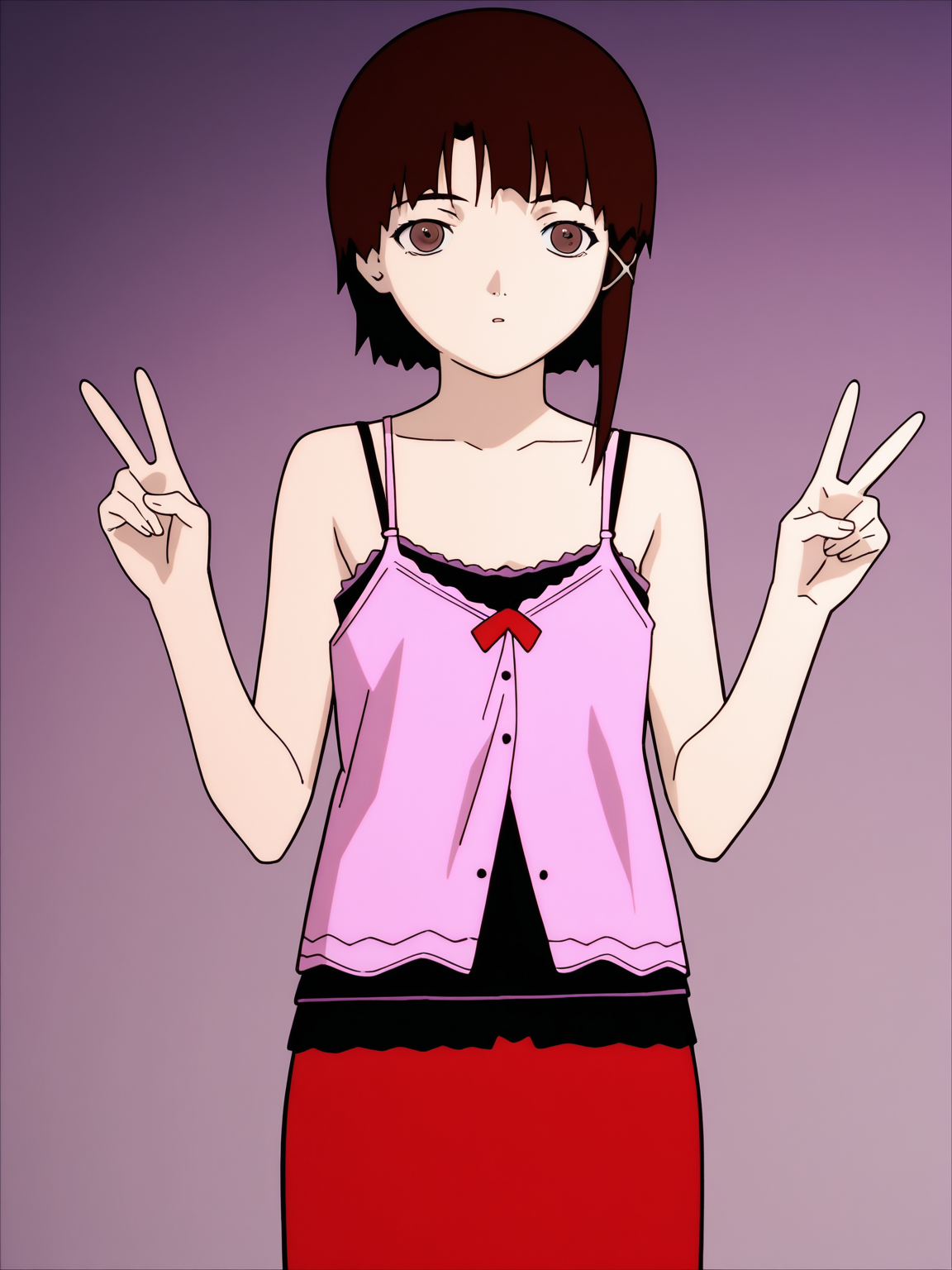 best quality, amazing quality, very aesthetic, absurdres, masterpiece, anime screencap, <lora:Lain_ILXLv0:1> iwakura_lain_\(sel\), pink camisole, black camisole, red skirt, red bow, peace sign