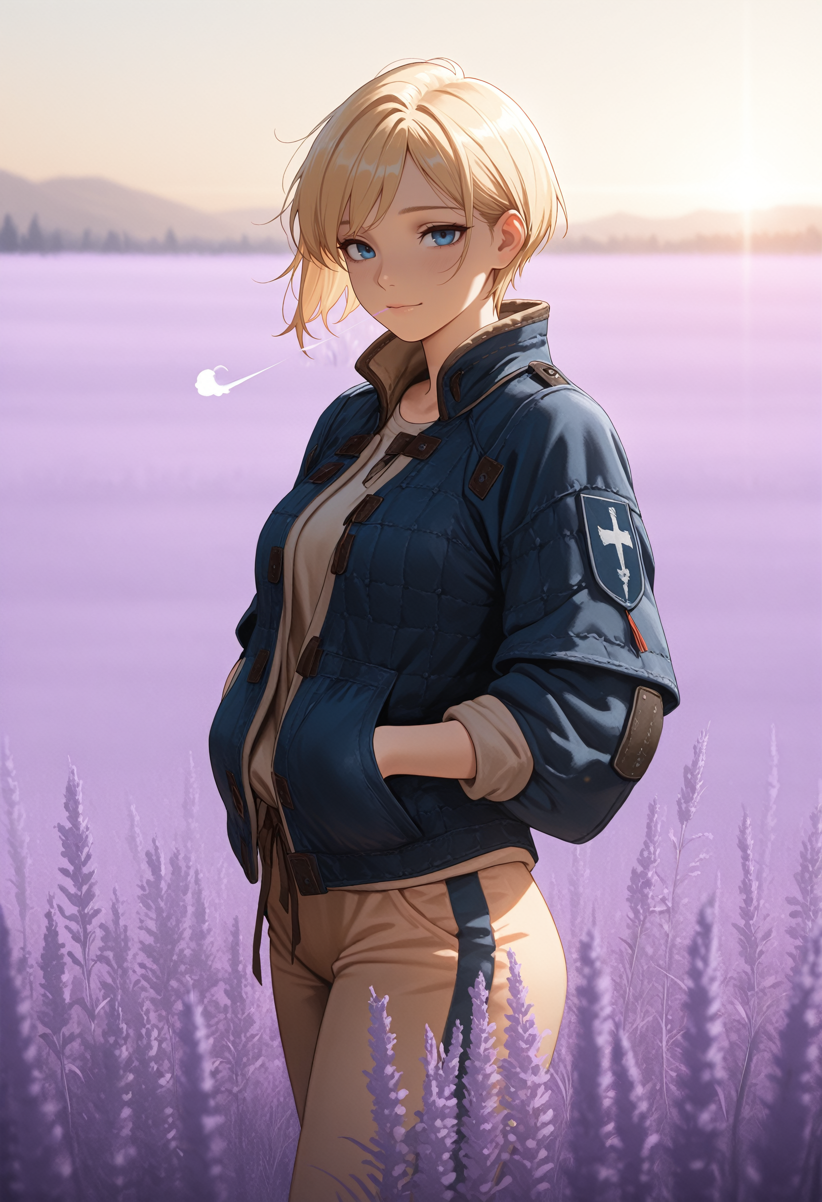 masterpiece, best quality, amazing quality, very aesthetic, absurdres, newest,
<lora:ILW2Ves:1.0>
W2Ves, 1girl, short hair, blonde hair, blue eyes, looking at viewer, standing in a field of lavender, hands in pockets, slight breeze blowing hair, warm golden hour sunlight, serene and peaceful mood