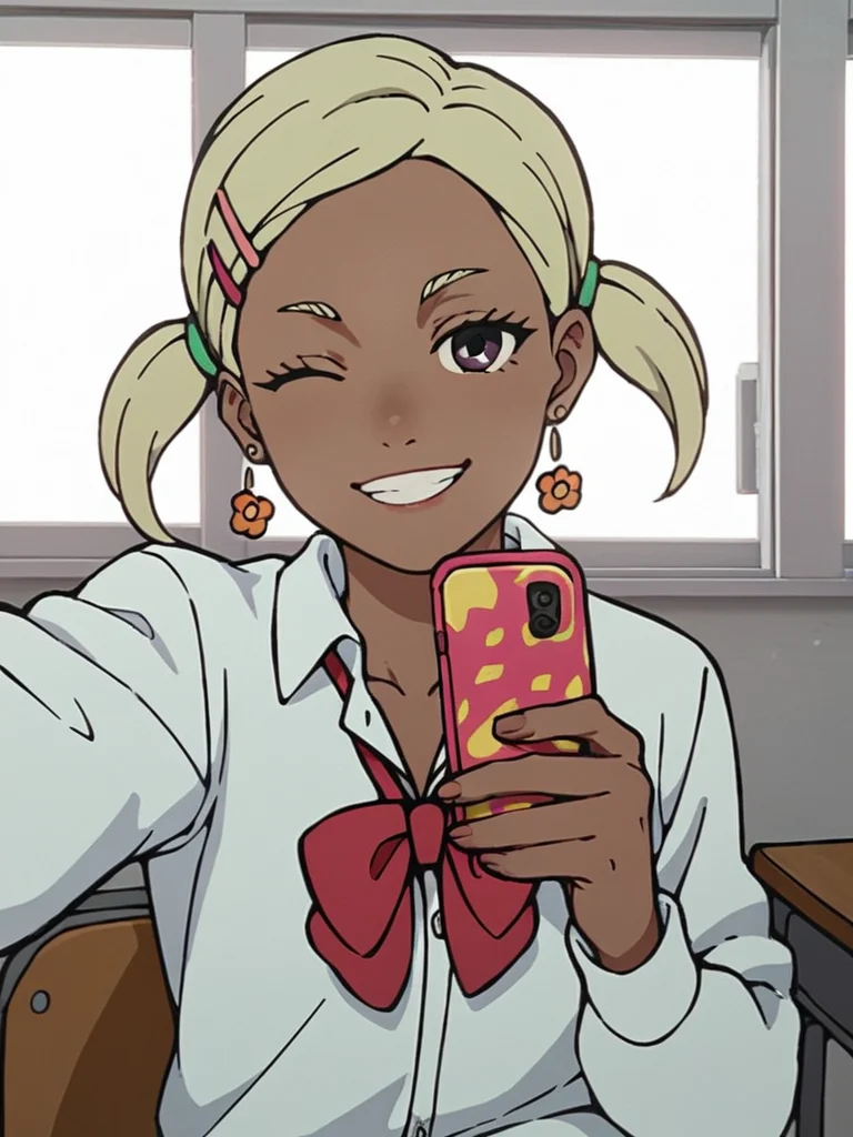 score_9, score_8_up, score_7_up, score_6_up, score_9, score_8_up, score_7_up, score_6_up, BREAK,
smile, selfie, v, one eye closed, head tilt, solo, solo focus,
school uniform, classroom, holding phone, jacket,
<lora:Muko:0.8>, Muko, dark skin, blonde hair,
