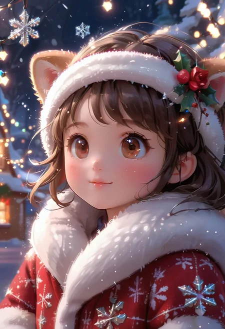 Festive, snowflake, little girl with rosy cheeks, wearing a furry coat, close-up view, snowflakes drifting, Christmas lights, solo, lovely and heartwarming