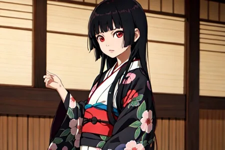 enma_ai short yukata obi, black hair, long hair, indoors, cowboy shot, kimono