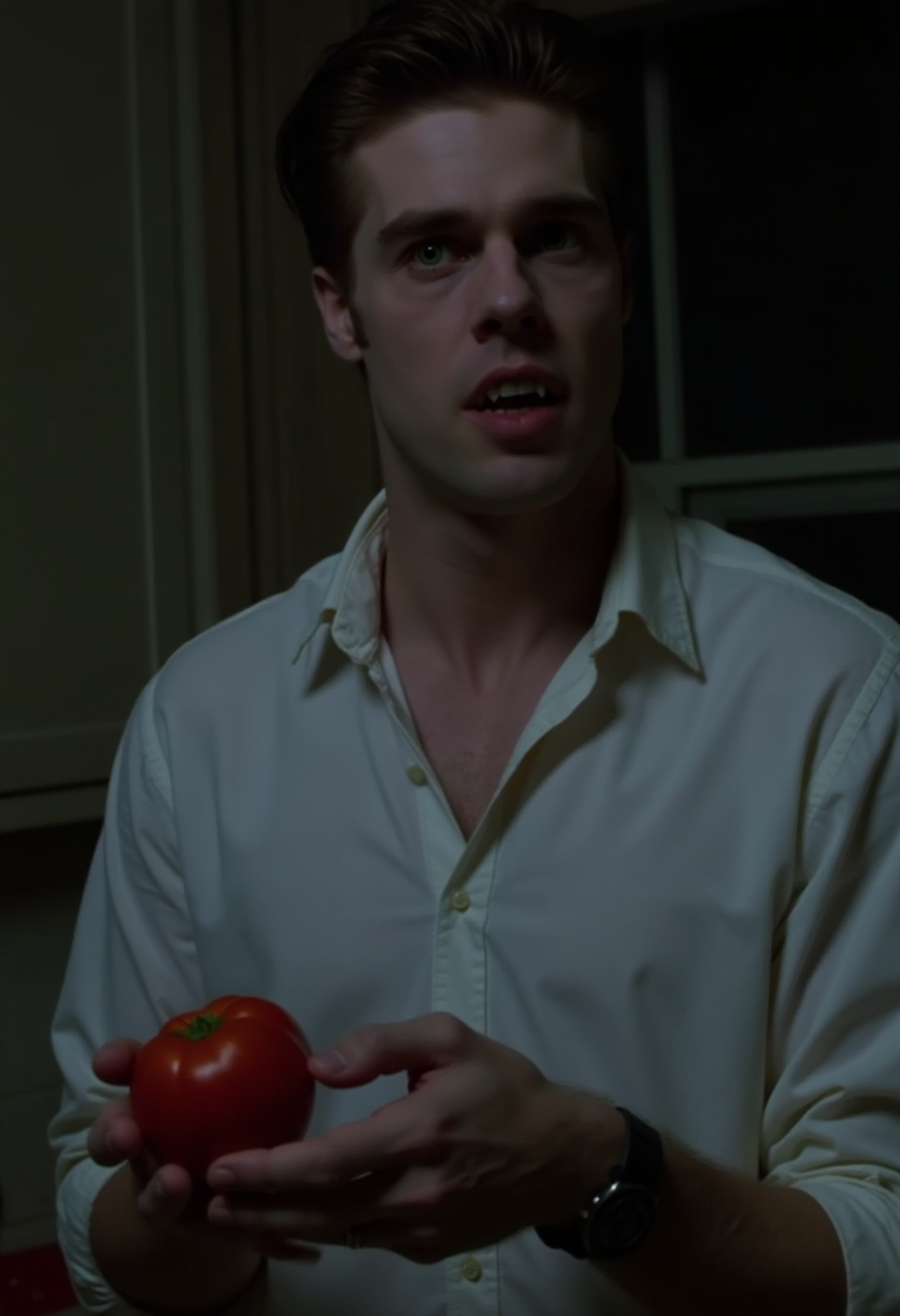 cinematic close-up shot of a vampire man in a white shirt standing in a kitchen at night, preparing to bite into a tomato, showing fangs, pale skin, photorealistic <lora:iwtv_flux_1_0:1>