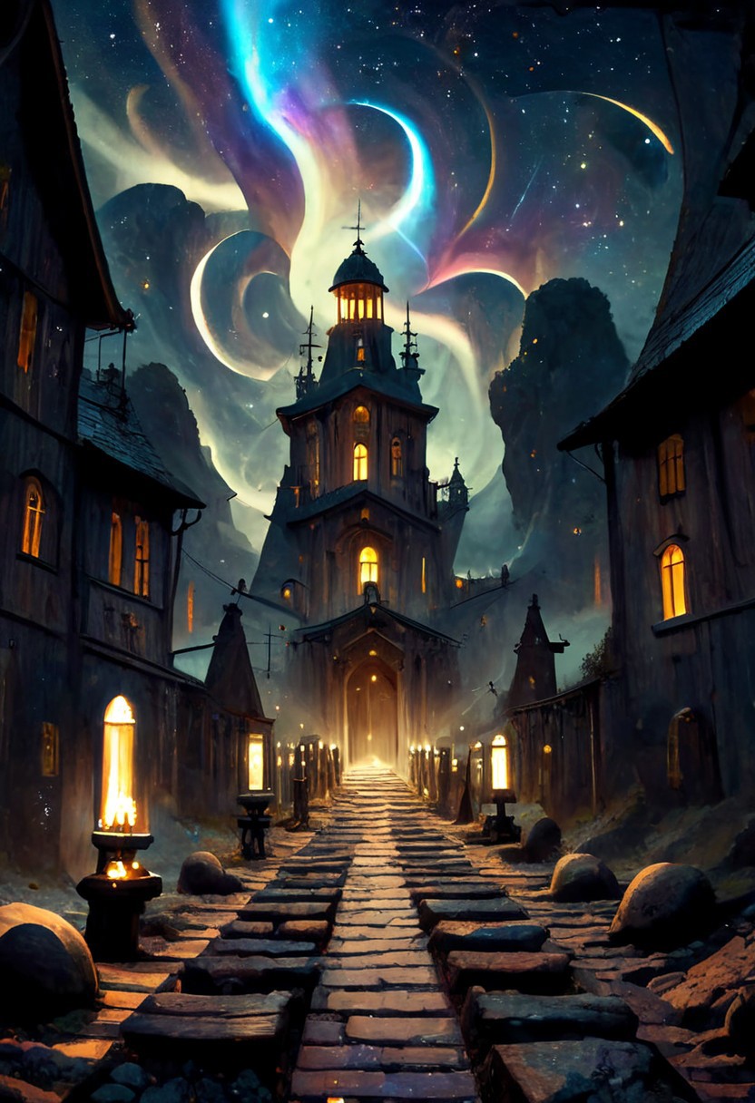 score_9, score_8_up, score_7_up, rocky pathway, wet pathway, celestialpunkai, big view of stars,  extremely detailed, the horror of stars, bright stars, they are watching, church with huge bell, oil paint, perfect composition, digital art, absurdres,  masterpiece, realistic, best quality, cosmic horror, Style-Volumetric, bright horror, MJgothic, s0lar,