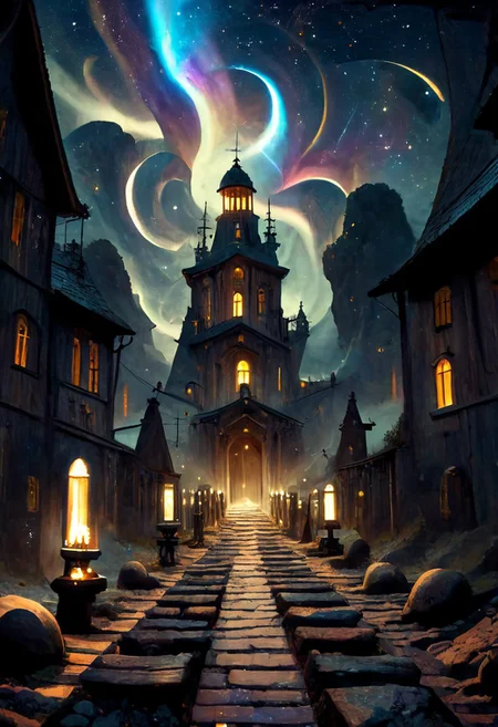 score_9, score_8_up, score_7_up, rocky pathway, wet pathway, celestialpunkai, big view of stars,  extremely detailed, the horror of stars, bright stars, they are watching, church with huge bell, oil paint, perfect composition, digital art, absurdres,  masterpiece, realistic, best quality, cosmic horror, Style-Volumetric, bright horror, MJgothic, s0lar,