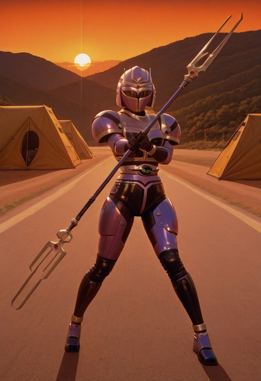 anime screencap, anime coloring,
solo, 1girl,  medium breasts, (covered neck), BREAK
Tent0u,  gloves, bodysuit, helmet, armor, shoulder pad, belt, Tent0 spear, fighting stance, dynamic pose, boots, black visor, 
outdoors, road, sunset, dramatic lighting
<lora:DetailedPerfect_hands_r1:1>    <lora:coveredneck_v1-000006:0.8>