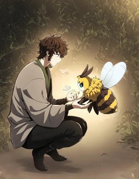 <lora:Midis_Bee_V1[NAIXL-vPred]:1> bee, 1boy, from side, full body, masterpiece,best quality, very aesthetic,absurdres,newest,