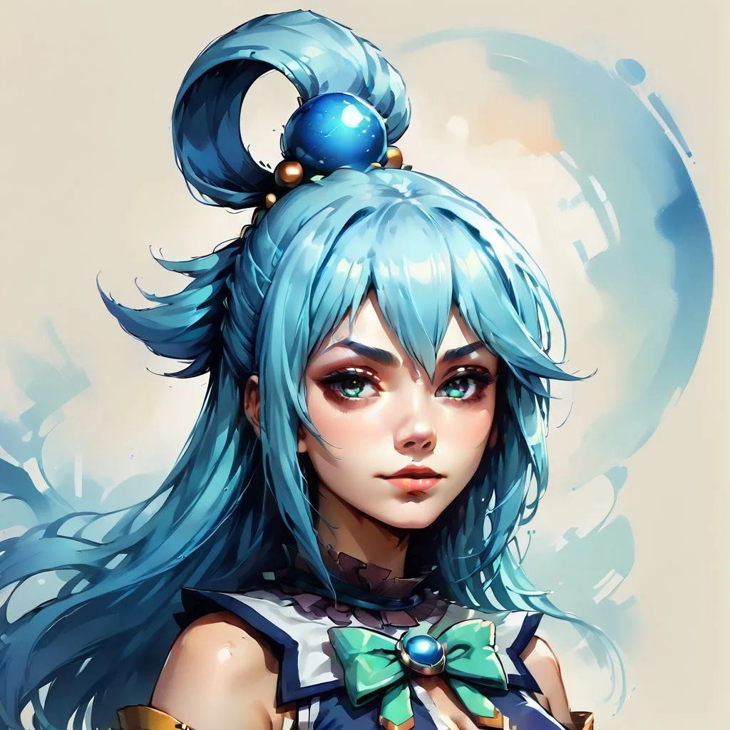 Faded Headshot, faded bottom, faded edges ,score_9,score_8_up,score_7_up,score_6_up,score_5_up,
1girl, Aqua(/Konosuba)/,(ultra HD quality details), pale skin, blue eyes, blue hair, long hair, hair ornament, hair rings, single hair ring
blue footwear, blue hair, blue thighhighs, boots, detached sleeves, thigh boots, thighhighs, white thighhighs, thighhighs, bare shoulders, blue skirt, blue shirt, green bow,
detailed, skin, texture, detailed skin texture,
, digital illustration, rule 63, full body, perfect anatomy, perfect face, butt showing esthetically, abstract beauty, beautiful, centered, looking at the camera, approaching perfection, dynamic, moonlight, highly detailed, watercolor painting, artstation, concept art, smooth, sharp focus, illustration,
(upper body:1.2), (close up:1.5), portrait, huge breasts, deep cleavage,