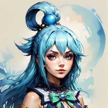 Faded Headshot, faded bottom, faded edges ,score_9,score_8_up,score_7_up,score_6_up,score_5_up,
1girl, Aqua(/Konosuba)/,(ultra HD quality details), pale skin, blue eyes, blue hair, long hair, hair ornament, hair rings, single hair ring
blue footwear, blue hair, blue thighhighs, boots, detached sleeves, thigh boots, thighhighs, white thighhighs, thighhighs, bare shoulders, blue skirt, blue shirt, green bow,
detailed, skin, texture, detailed skin texture,
, digital illustration, rule 63, full body, perfect anatomy, perfect face, butt showing esthetically, abstract beauty, beautiful, centered, looking at the camera, approaching perfection, dynamic, moonlight, highly detailed, watercolor painting, artstation, concept art, smooth, sharp focus, illustration,
(upper body:1.2), (close up:1.5), portrait, huge breasts, deep cleavage,