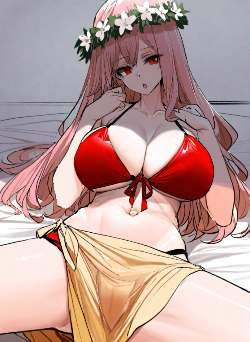 artist: dishwasher1910, character: Mizuki (ç¾æ) , 1girl, solo, lying on bed,spread legs, long hair, pink hair, large breasts,red eyes, white head wreath, :o, yellow sarong, cleavage,collarbone, navel, red bikini, front-tie bikini top,<lora:Mizuki (ç¾æ) v5 (æ­£ååå¾ç¿»è½¬)-000015:1>