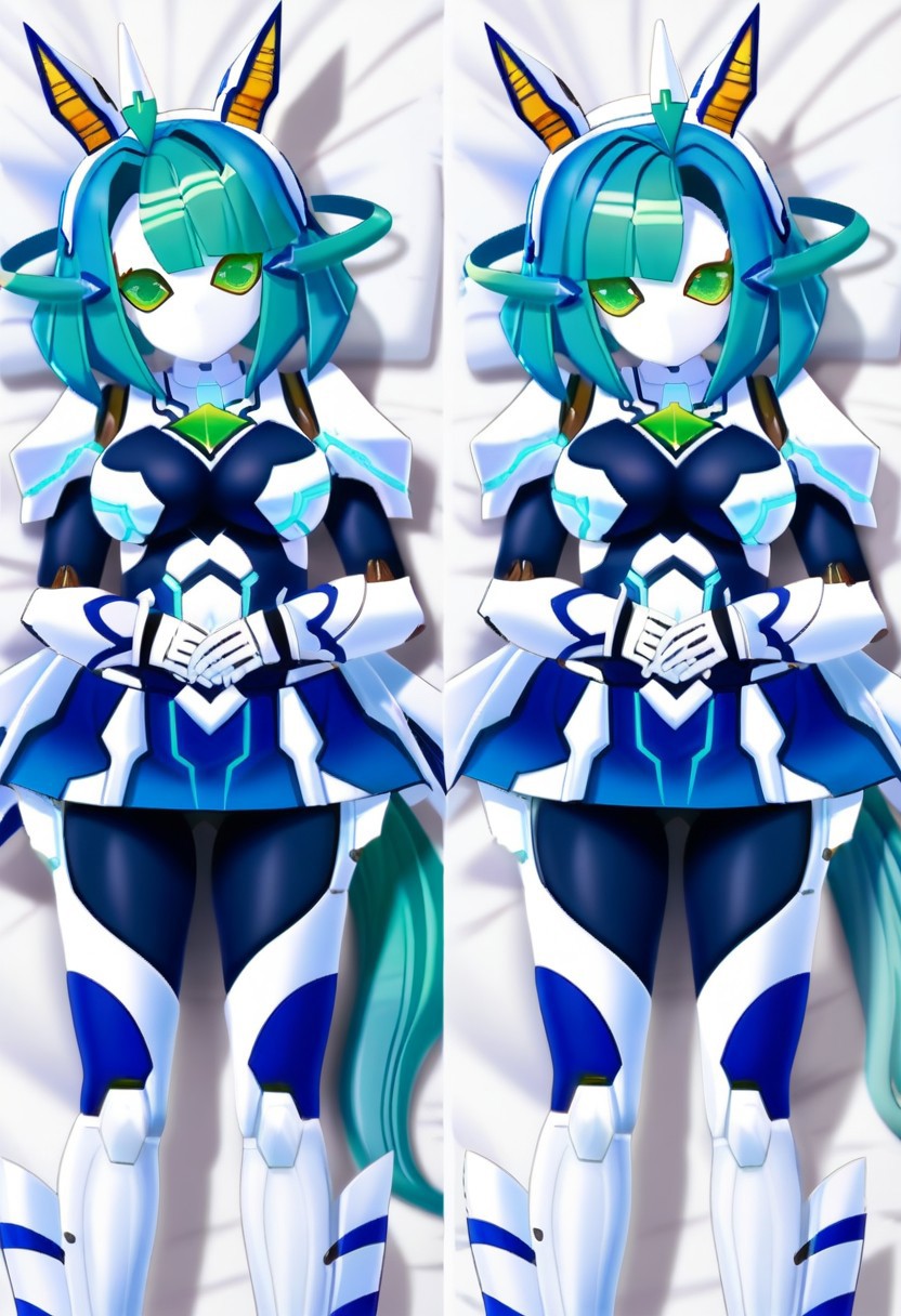 spread legs dakimakura , mechamusume, white bed sheet, 1girl, green eyes, robot, android, mechanical ears, breasts, animal ears, green hair, blue hair, no mouth, humanoid robot, tail, bangs, robot joints, horse ears  horse tail