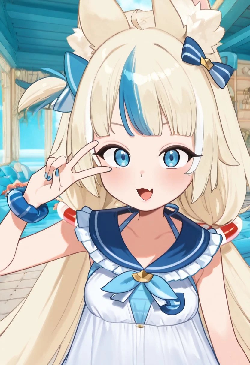 masterpiece,best quality,amazing quality, sameko saba,, low twintails,animal ears, blue eyes, blonde hair, blue streaked hair, ribbon, blue hair bow,two-tone hair,lifebuoy hair ornament, fish tail, blue nails, neckerchief, blue frilled sailor collar, ribbon trim dress,white dress, long hair, ribbon, smile, single wrist scrunchie, indoors, upper body, v over eye, brooch, large breasts ,, 
skin fang, :D, looking at viewer,