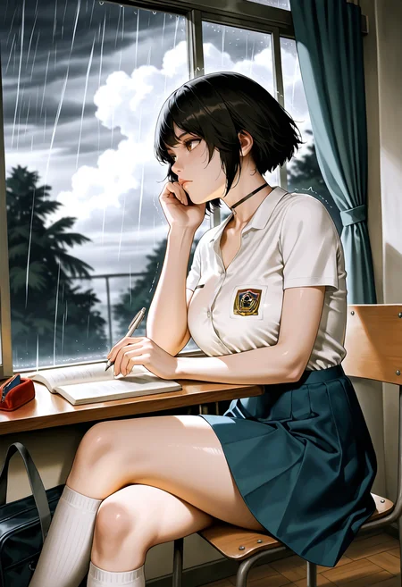 masterpiece,best quality,amazing quality,<lora:Linda_IL:1> LindawaifuIL, solo, black hair, emblem, brown eyes, choker, short sleeves, blue skirt, short hair, bob cut, school uniform, wide curvy, medium breasts,sitting, window, bag, chair, curtains, classroom,indoors, school bag, head rest, kneehighs, socks, paper, looking up, long sleeves, pencil case, school chair, tropical tree, cellphone, depth of field,pencil, blurry, hand on own cheek, hand on own face, wooden floor, table, phone, pen, mechanical pencil,closed mouth, book, from side, smartphone, looking outside, holding, wind, collarbone, buttons, crossed legs, open window, on chair, arm rest,arm support, looking to the side, shoulder bag, solo focus, feet out of frame, dutch angle, open book, sky, blurry background,looking afar, hand on own chin, elbow rest, holding pen, cloud, rain outside, perspective, heavy tropical rain, thunder rumbling, stormy clouds, realistic,
