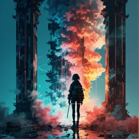 sci-fi, illustration, <lora:EnvyKyotopunkXL01:0.5>, kyotopunk:0.3 <lora:EnvyShadowMinimalismXL01:0.25> (shadow minimalism:0.2), sharp lines, different colors, <lora:welcoming_ntc:0.5>, stunning life-sized mate, in infernal palace, glitchy Cloud Burst Blue background, Exhaustive, (rainbow color palette:0.4), <lora:MJ52_v2.0:1> (cinematic:2.0), <lora:Double_Exposure:1>