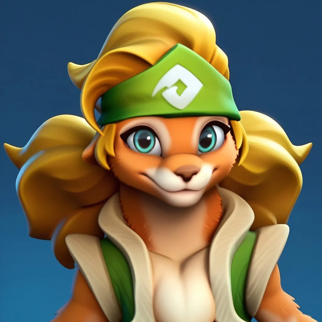 score_9, score_8_up, score_7_up, Expressiveh, masterpiece, best quality, highly detailed, realistic, 1girl, solo, (LunaNK, furry, anthro, mongoose, headwear, green headkerchief, blonde hair, twintails, medium hair, green eyes, black pupils, brown nose, orange body, orange fur, white body, white fur, two tone body, two tone fur, white chest tuft, green vest, open vest), upper body, close-up, blue background, simple background, closed mouth, smile, looking at viewer