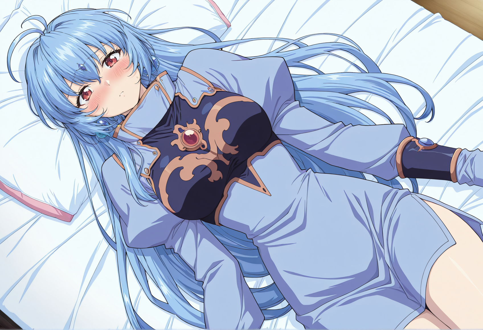 anime screencap, anime screenshot, anime coloring, 1girl, solo, 1girl, double ahoge, long hair, blue hair, red eyes, jewelry, earrings, forehead jewel, blue dress, lying, on bed, aroused, blush, looking at viewer,  <lora:Alicia_brave_soul_mogu:1>, masterpiece, best quality, amazing quality, very aesthetic, absurdres, highres, newest